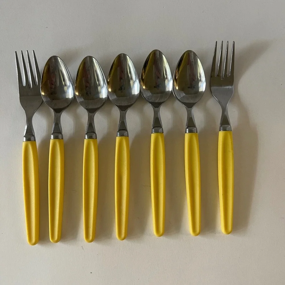 Vintage MCM Stainless Japan Yellow Resin Silver Ware 5 Teaspoons 2 Forks 7